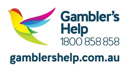 Gambler's Help logo: Colorful bird with text and phone number, gamblershelp.com.au.