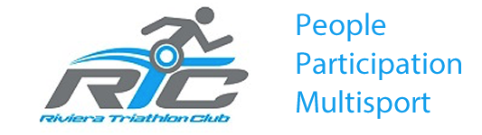 Logo for Riviera Triathlon Club: a stick figure running over stylized waves and