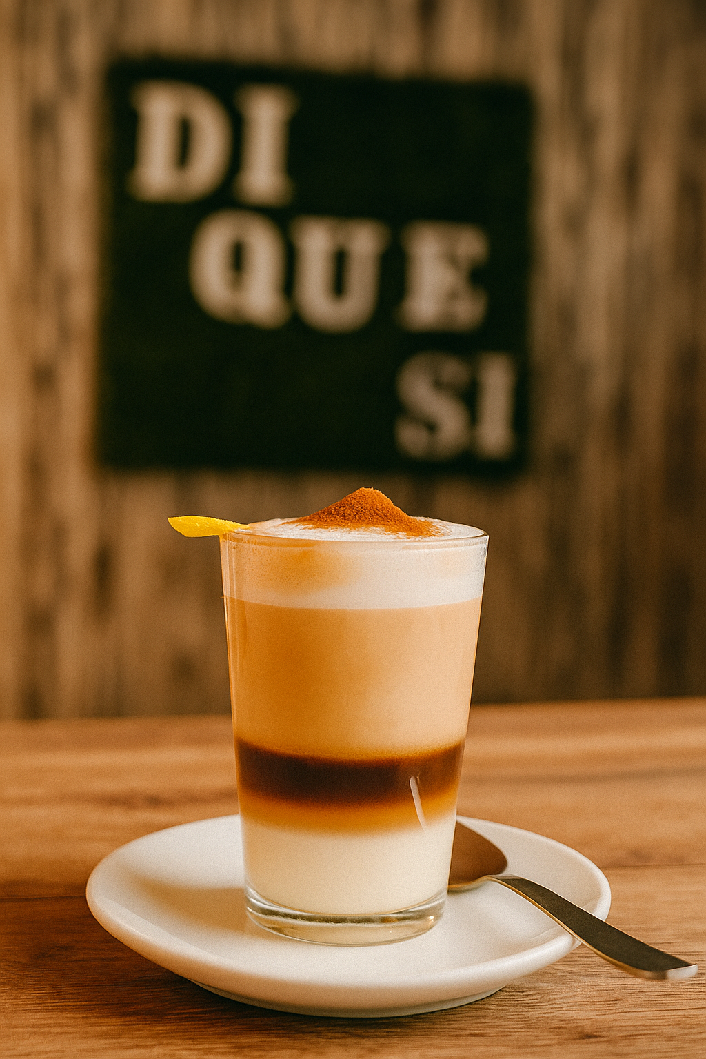 Un vaso de café con leche en capas sobre un plato blanco, con una cuchara. Detrás, un cartel que dice