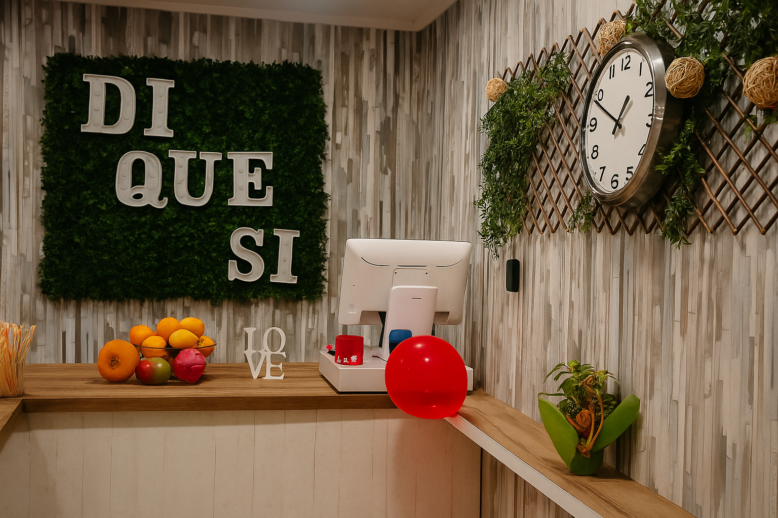 Un área de servicio de comida con mostrador de madera, un cartel que dice DI QUE SI y un reloj en una pared de madera.