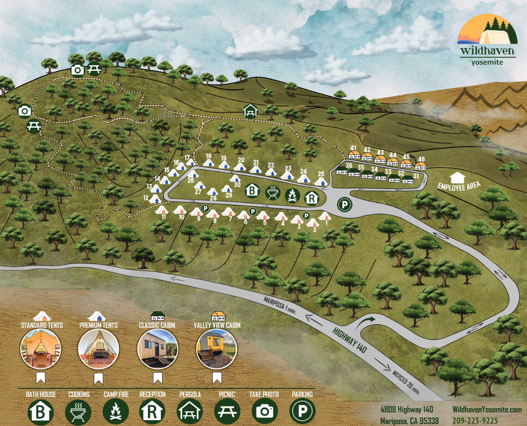 A map of a hillside with trees and houses on it
