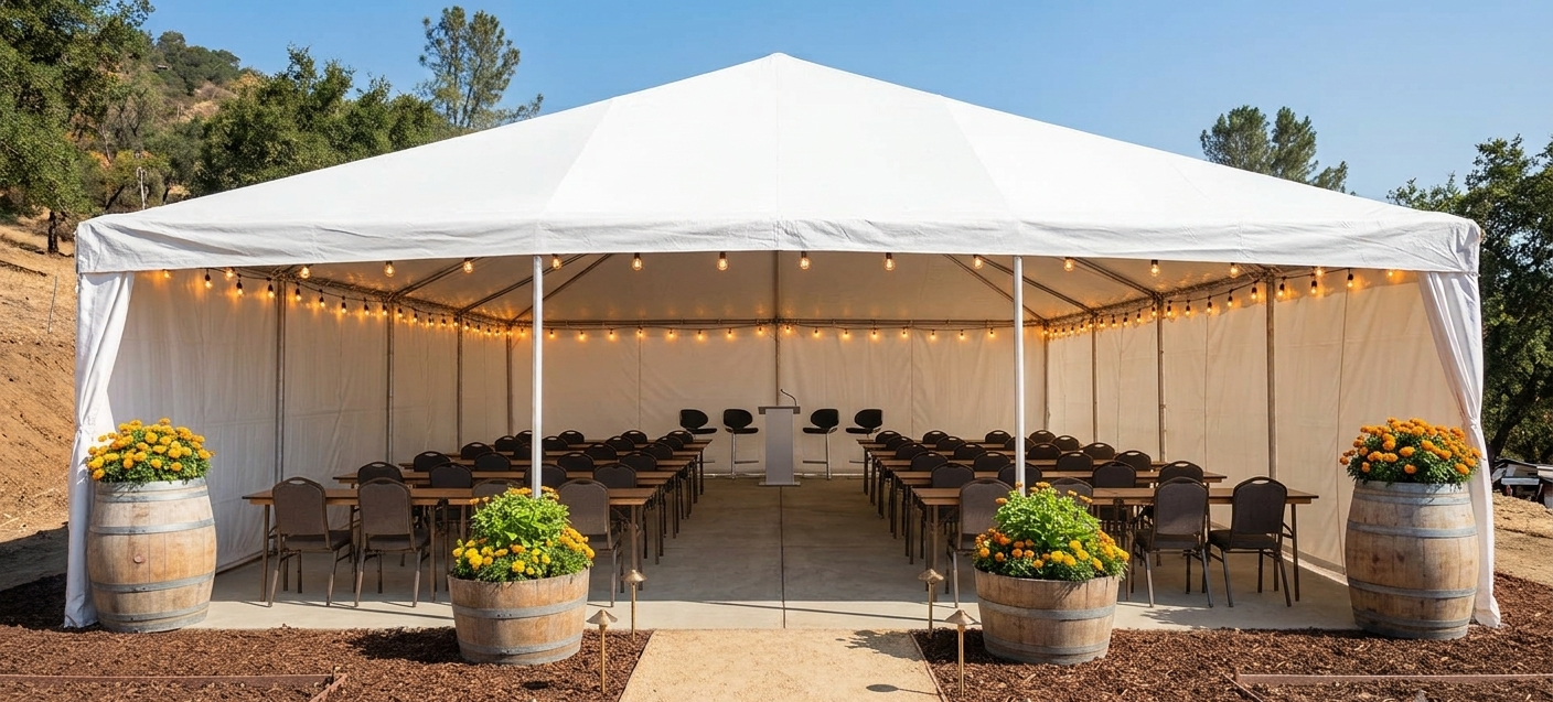 Tent set classroom style with flower baskets outside