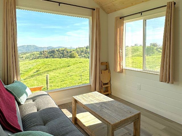 A living room with a couch , coffee table , and large window with a view of a field.