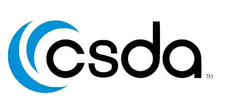 A black and blue logo for csda with a blue crescent moon