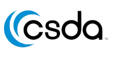 A black and blue logo for csda with a blue crescent moon