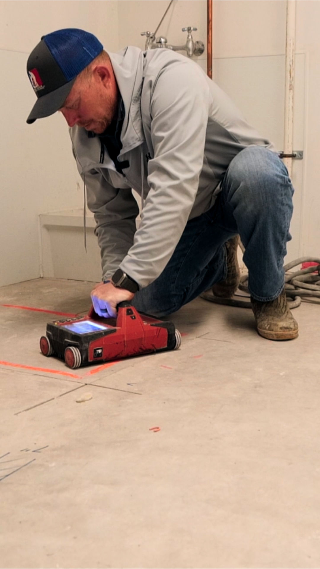 A man is kneeling down on the floor using a scanning machine.