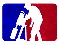 A red white and blue logo of a man with a drill bit