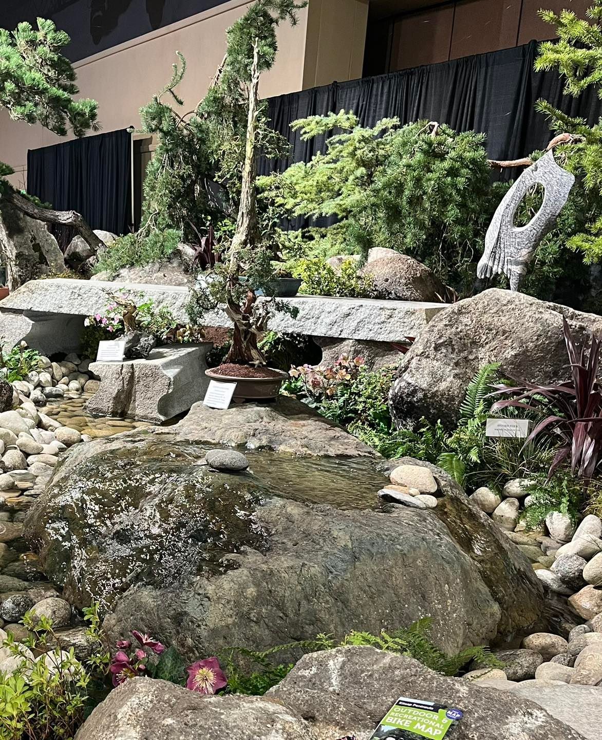 Rock garden with a small pond, large stones, and lush green plants beside a building.
