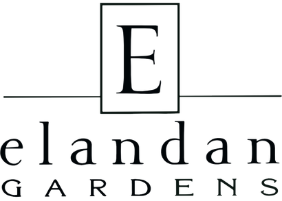 Logo for Elandan Gardens, with a large black letter E above the name in black text on a white background