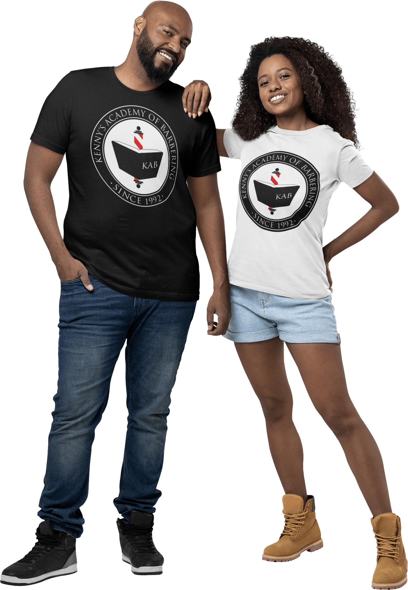 A man and a woman are standing next to each other wearing matching shirts.