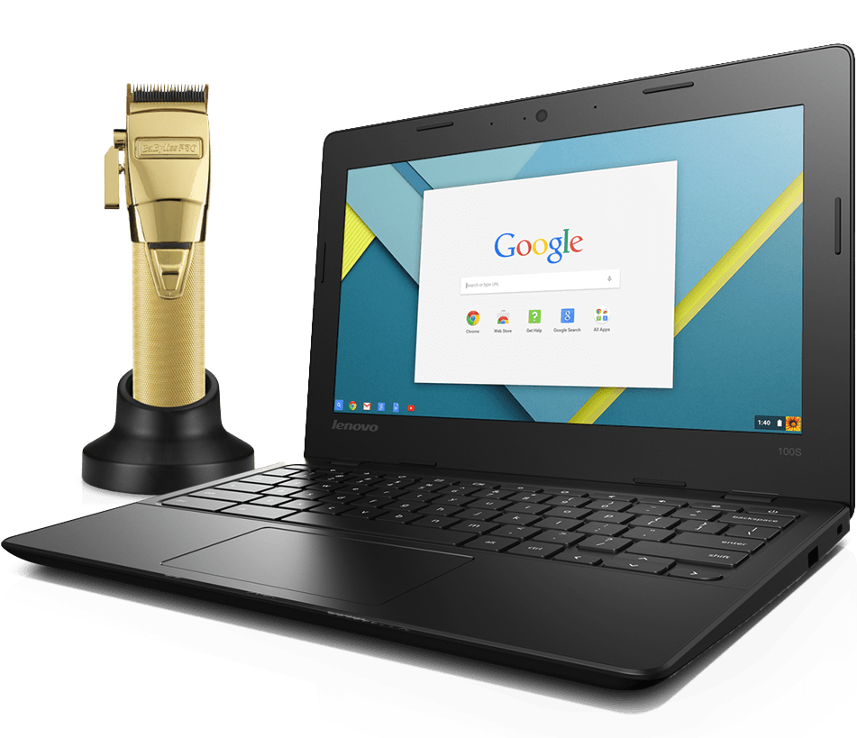 A laptop is open to a google page next to a gold hair clipper