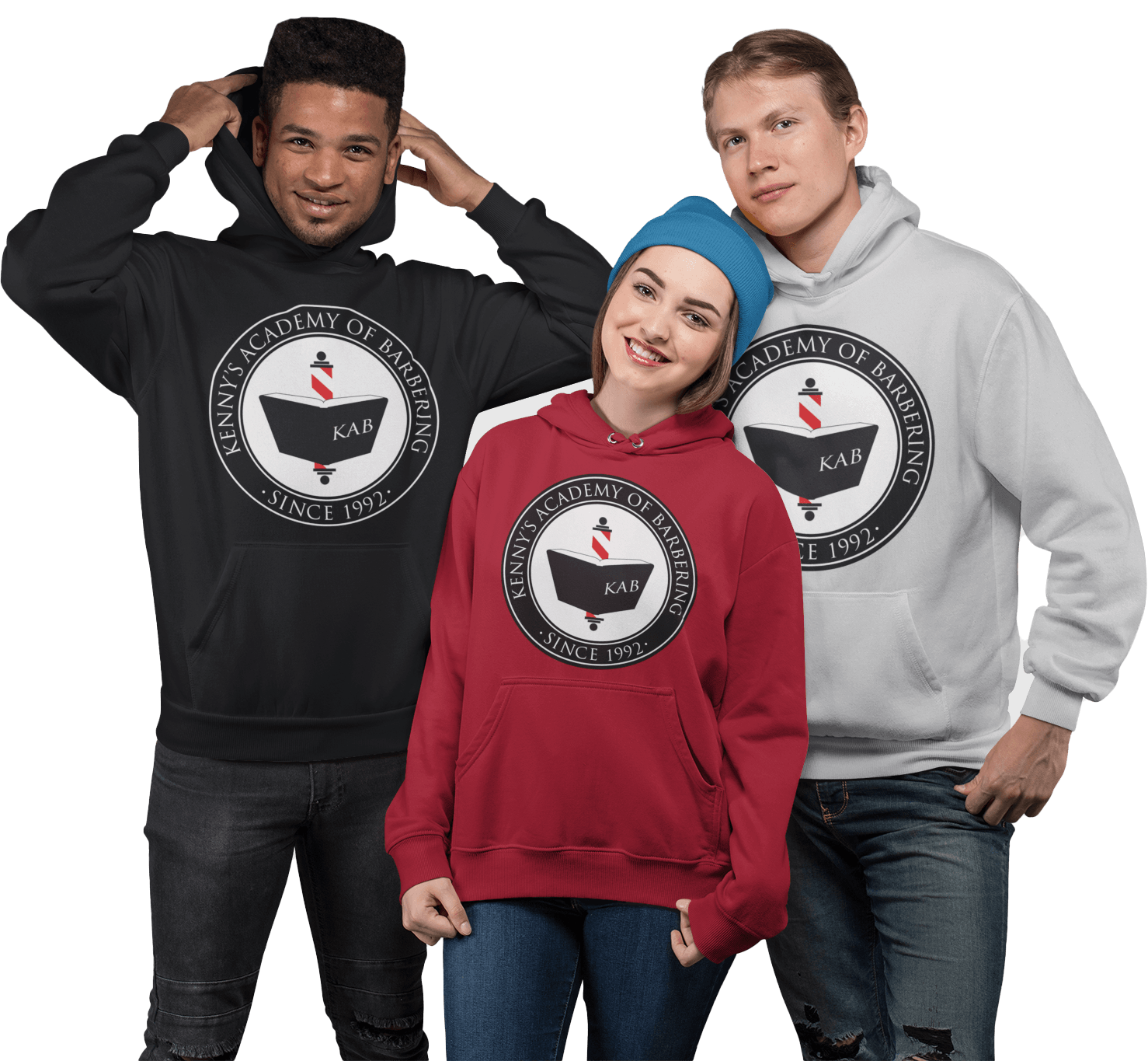 Three people wearing hoodies with a boat on them are standing next to each other.