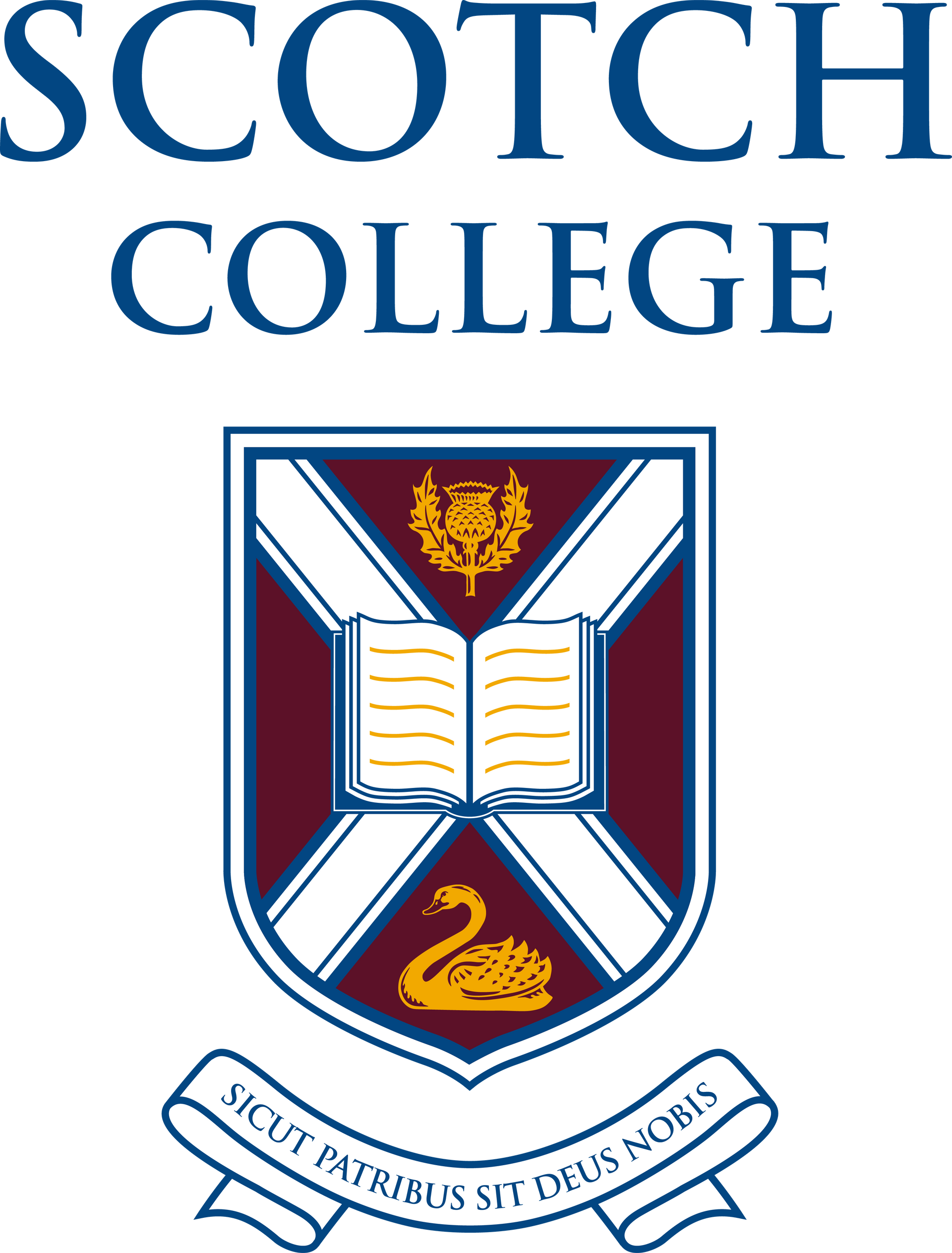 Scotch College logo: blue text above a crest with a cross, book, thistle, swan, and a banner.