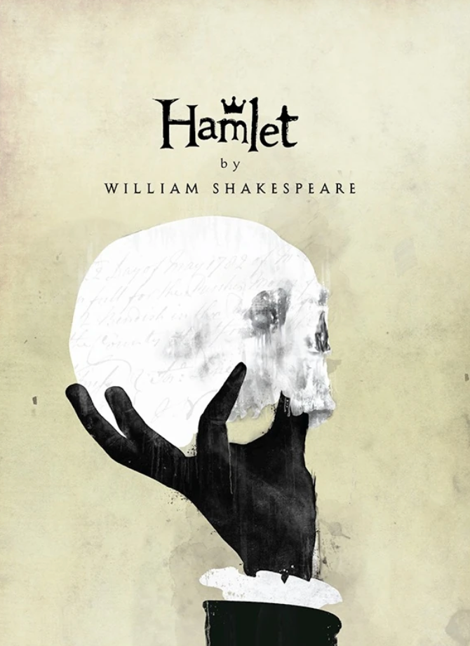 Hamlet cover with a black hand holding a white skull on a pale background