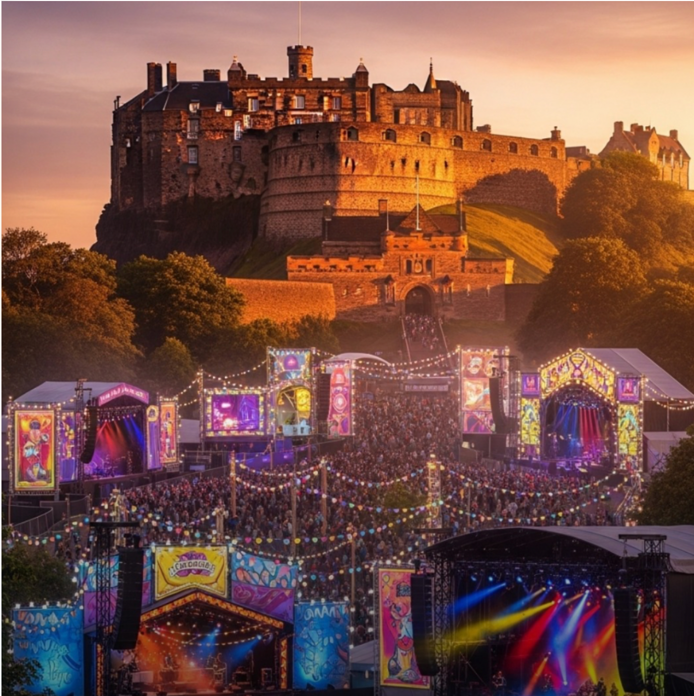 Edinburgh Castle at sunset above a colorful outdoor concert stage with lights and crowds