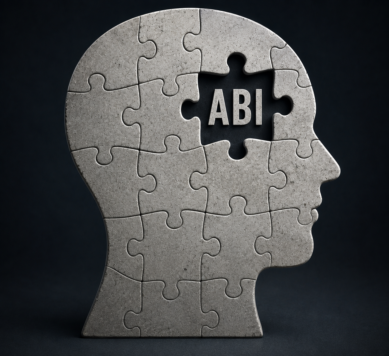 Gray puzzle-piece head silhouette with “ABI” in a missing black puzzle piece.