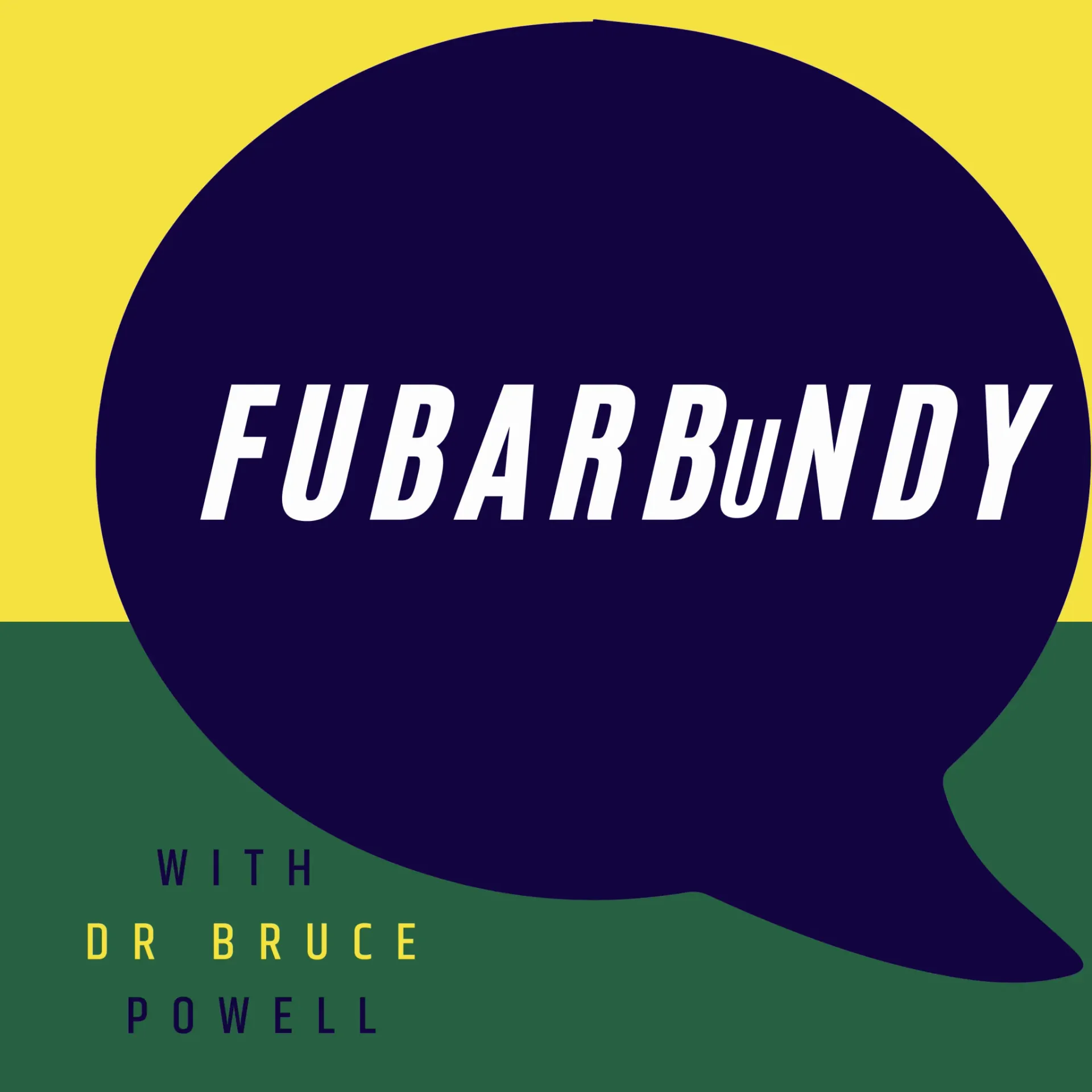 Podcast logo: Dark blue speech bubble with white