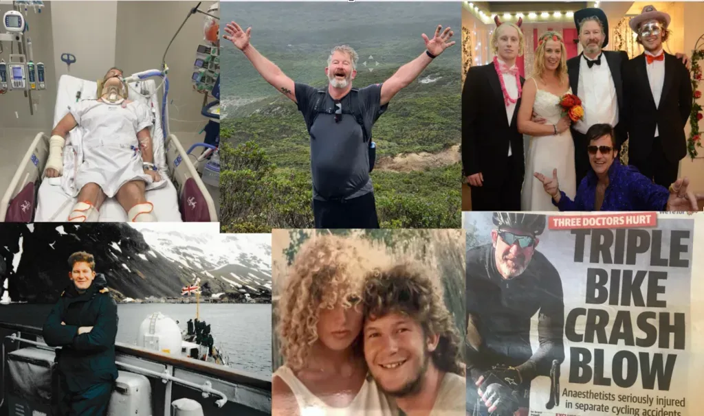 Collage of images: patient in hospital, man atop mountain, wedding party, person on boat, couple, cyclist after crash, headline 