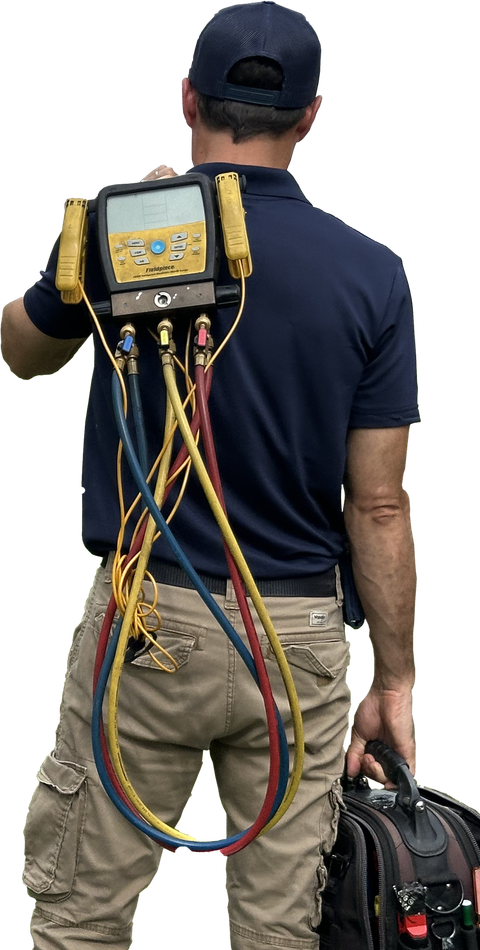 HVAC technician holding a diagnostic tool on his shoulder, carrying a toolbox.