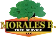 Morales B. Tree Service logo: a person climbing a tree with green foliage atop a banner.