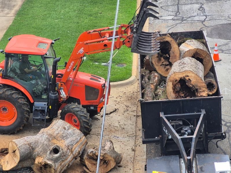Orange tractor loads logs into a black dump truck from an overhead view.