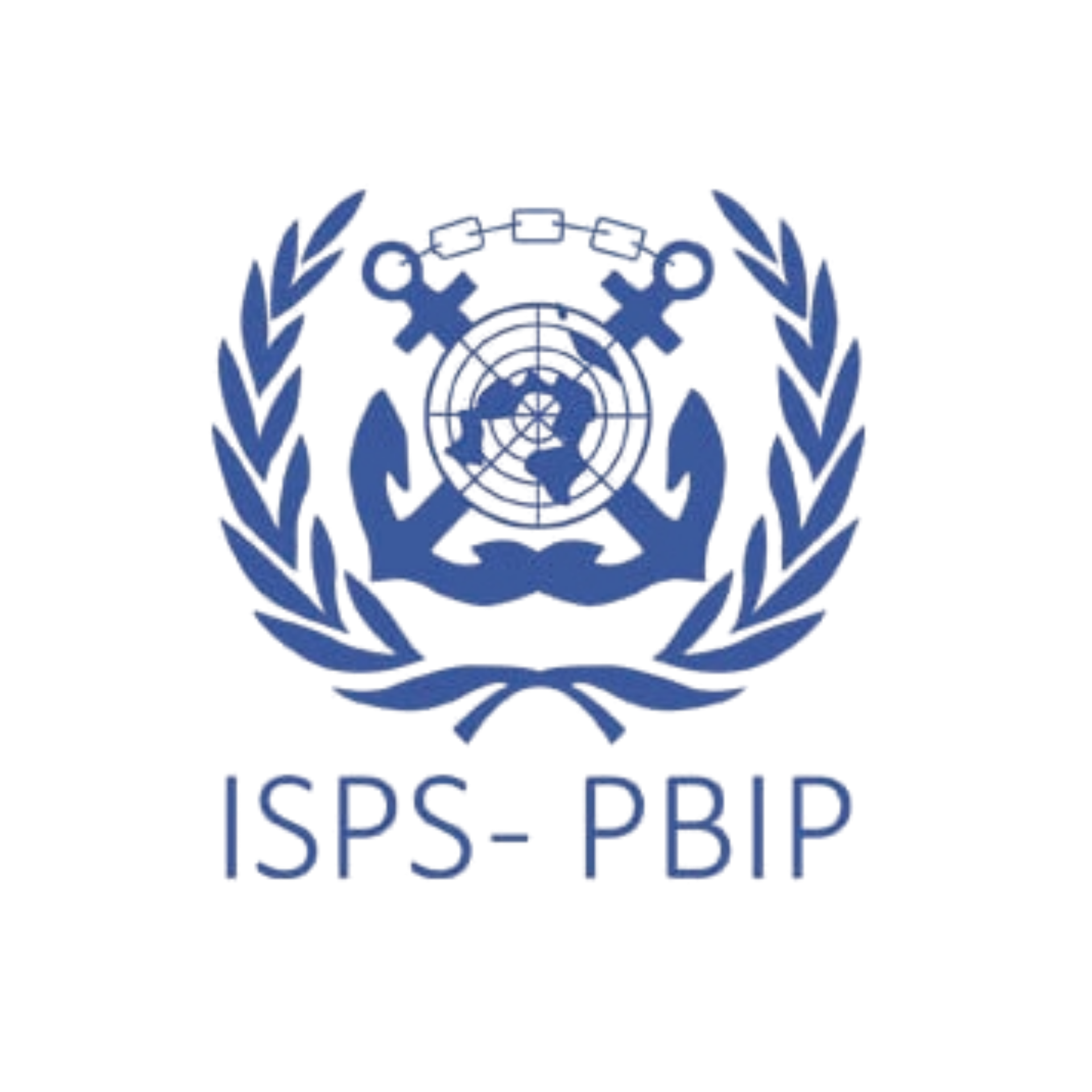 Emblema marítimo azul de ISPS-PBIP con una corona de laurel y un ancla, sobre el texto «ISPS-PBIP»