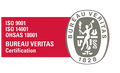 Logotipo de certificación de Bureau Veritas con el texto ISO 9001, ISO 14001 y OHSAS 18001 sobre fondo rojo y blanco