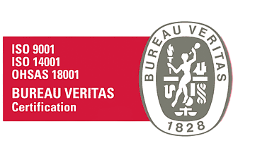 Logotipo de certificación de Bureau Veritas con el texto ISO 9001, ISO 14001 y OHSAS 18001 sobre fondo rojo y blanco