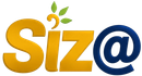 Logotipo estilizado de Siza en naranja y azul, con hojas verdes sobre la i