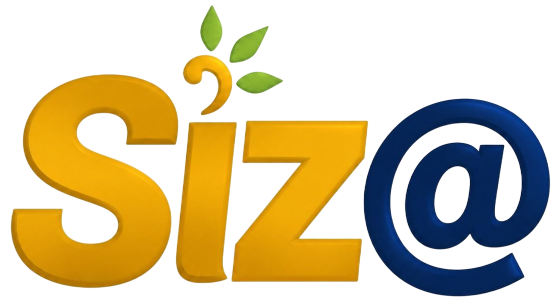 Logotipo estilizado de Siza en naranja y azul, con hojas verdes sobre la i