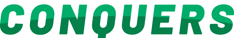 La palabra “CONQUERS” en cursiva y de color verde sobre un fondo blanco.
