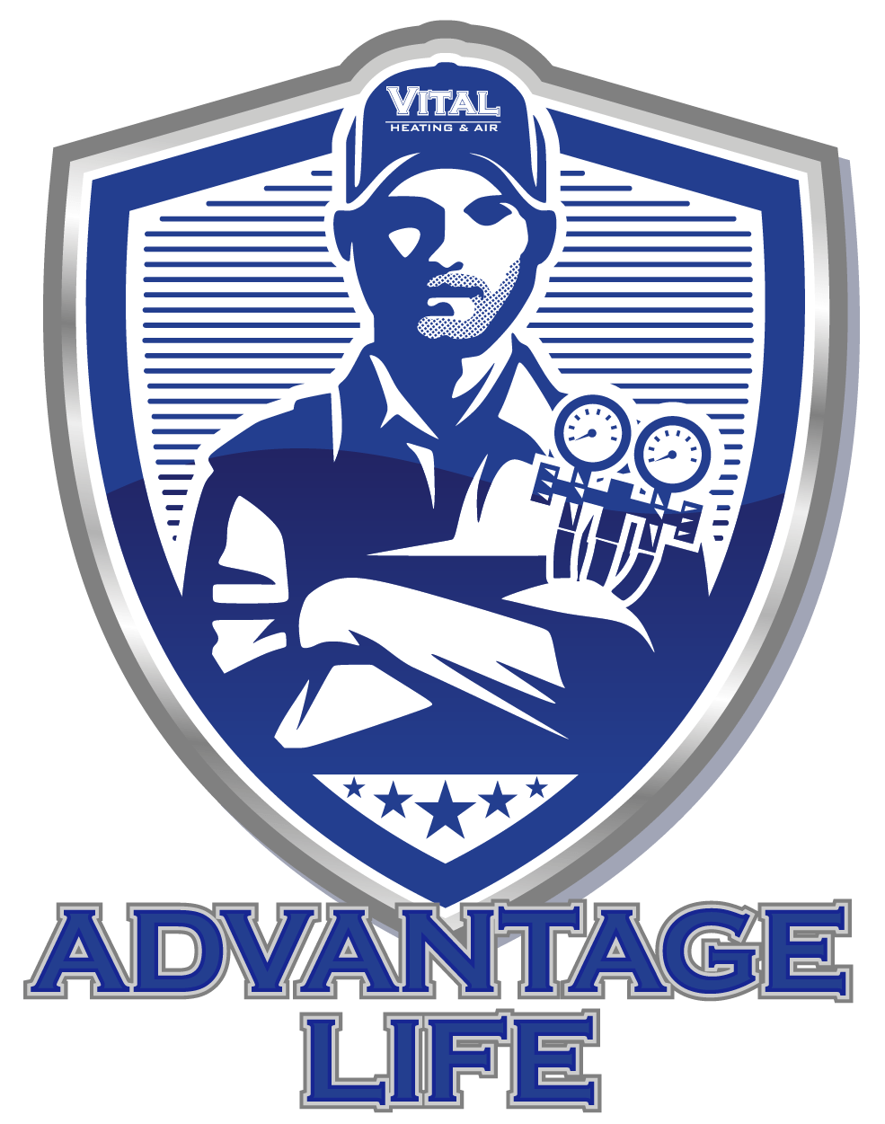 The logo for Vital Heating & Air shows a man with his arms crossed