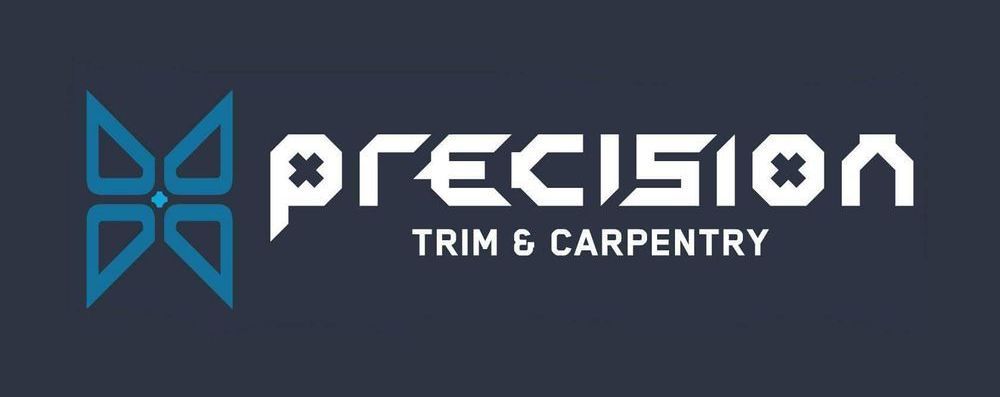 A blue and white logo for Precision Trim and Carpentry.