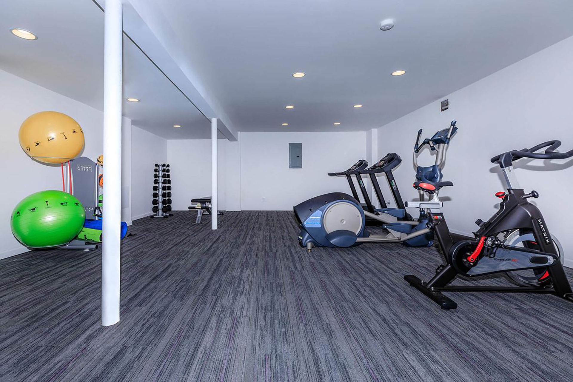 There are many different types of exercise equipment in this gym.