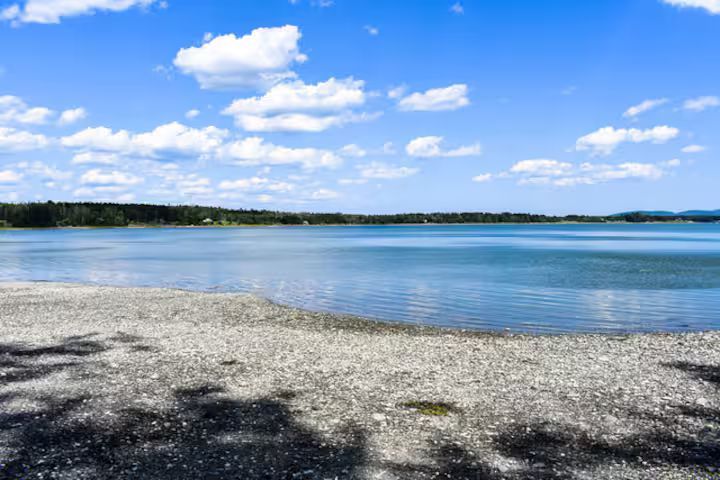 Calm lake with a pebbled shore, blue sky, scattered clouds, and a distant tree-lined horizon.