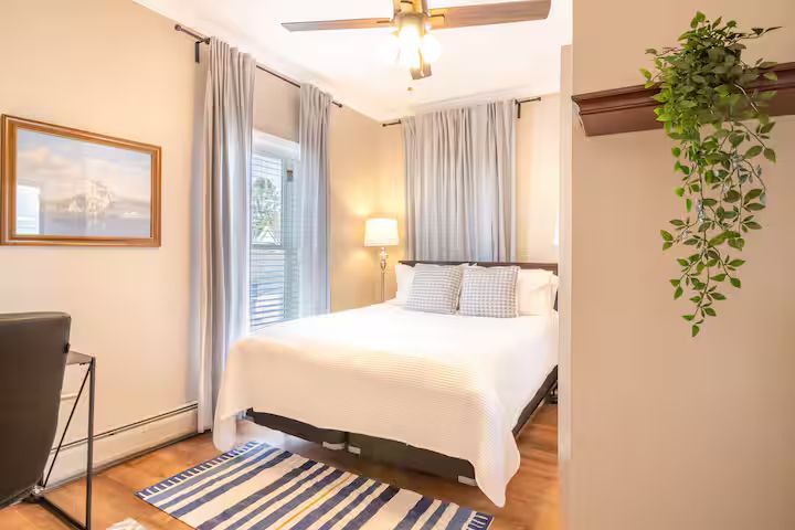 Bright bedroom with a white bed, striped rug, window curtains, floor lamp, and hanging plant