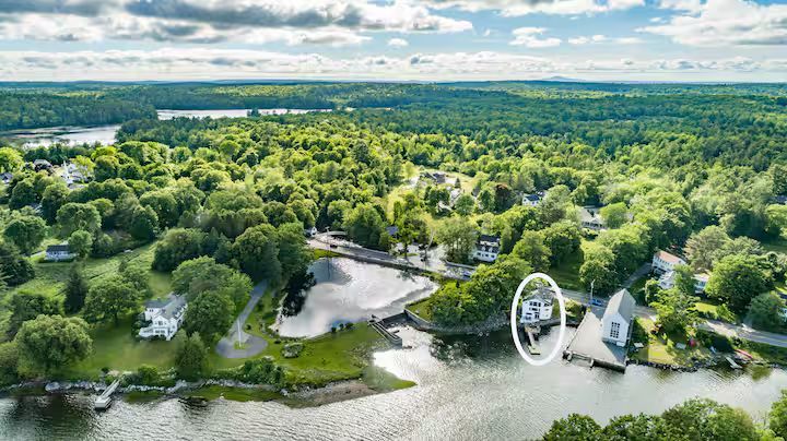 Aerial view of a green lakeside neighborhood with houses, trees, and a dock by the water