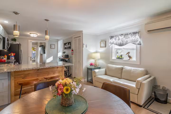 Bright open kitchen and living room with beige sofa, wooden table, and flowers by a window