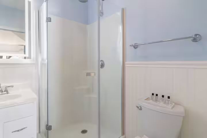 Bright white bathroom with glass shower stall, vanity sink, and toilet with towel bar
