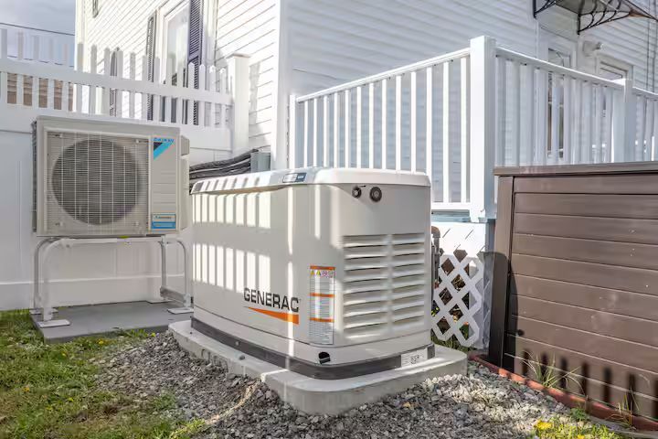White Generac standby generator beside an outdoor air conditioner unit next to a house railing