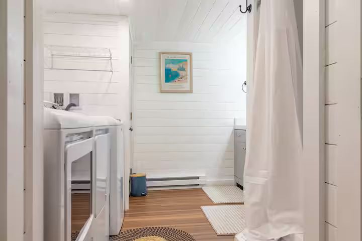 Bright laundry room with white washer, shower curtain, framed art, and woven rug.