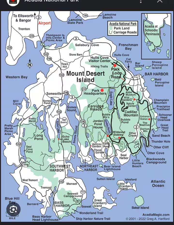Map of Mount Desert Island with towns, roads, trails, parks, and surrounding coastline in blue and green.