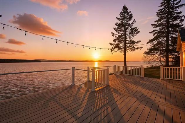 Sunset over a lakeside deck with string lights, pine trees, and calm water.