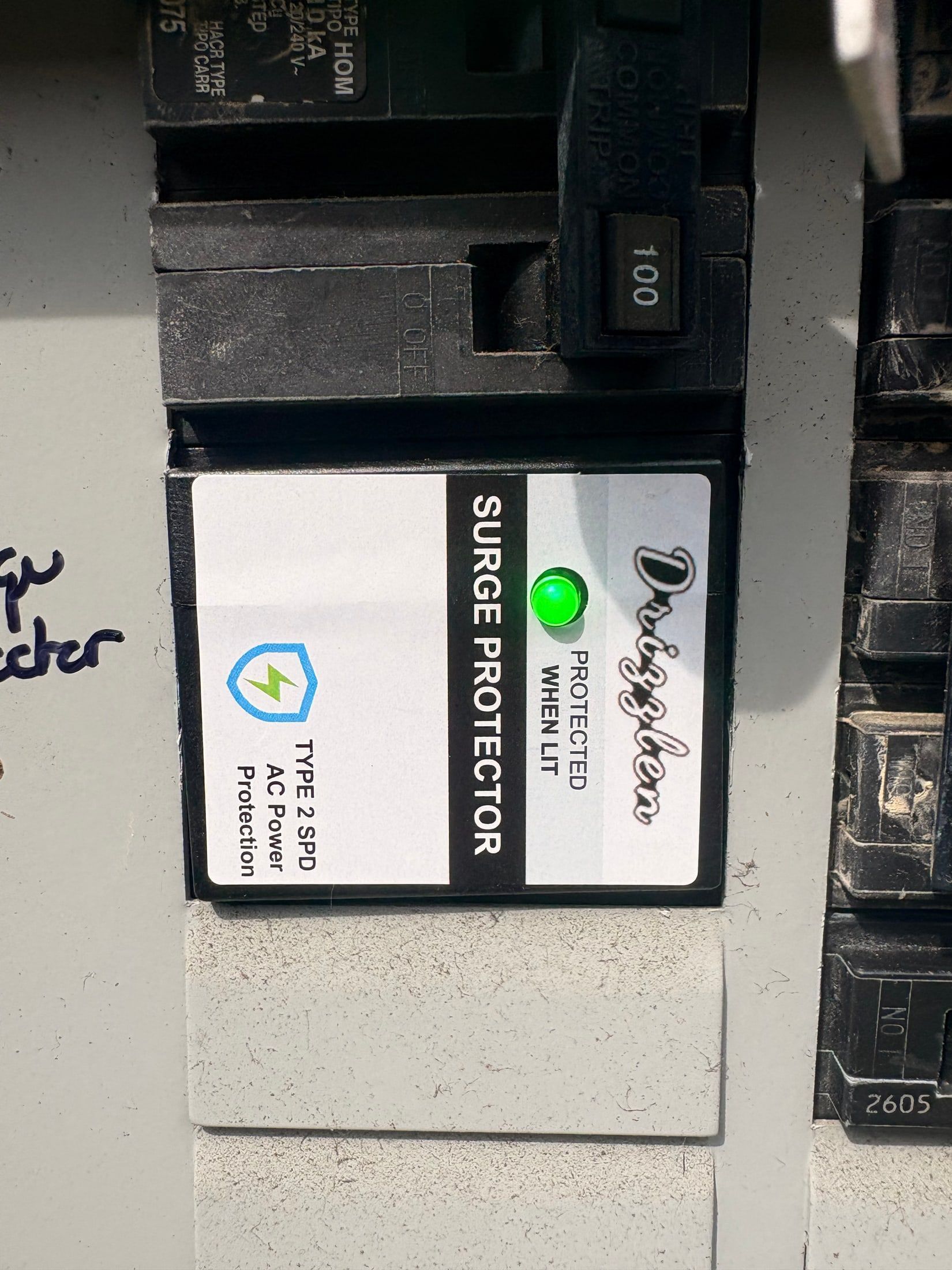 Electrical panel with a labeled white Surya Protectors switch and green indicator light, in a gray box.