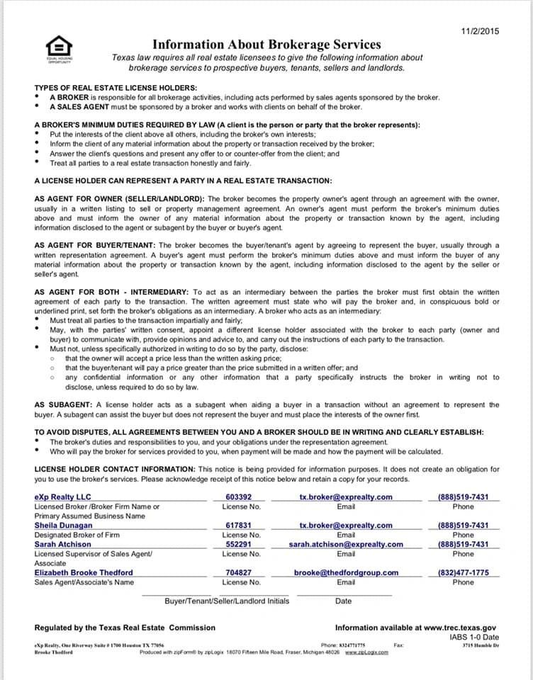 Brokerage Services Page 1 — Pearland, TX — Thedford Real Estate Group