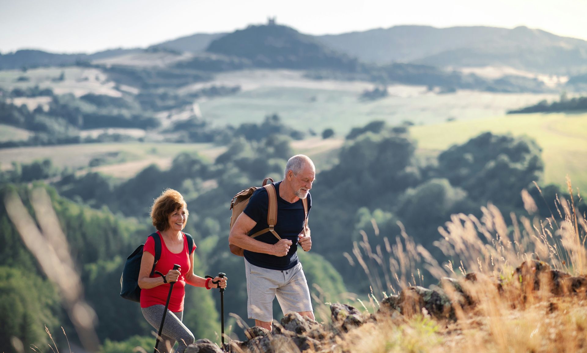 Two hikers with poles walking through tall grass on a scenic hillside, with rolling mountains in the background