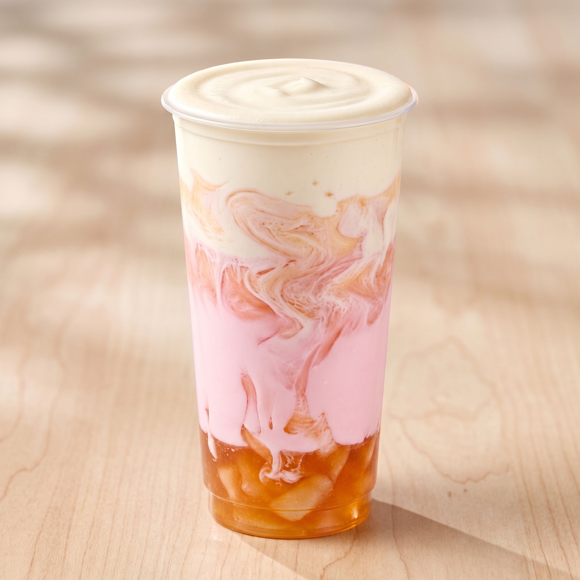 Tall layered pink and orange drink in a clear cup with creamy foam on top, on a wooden table