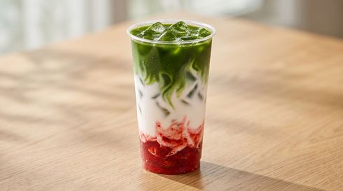 Iced layered drink with red, white, and green layers in a clear glass on a wooden table