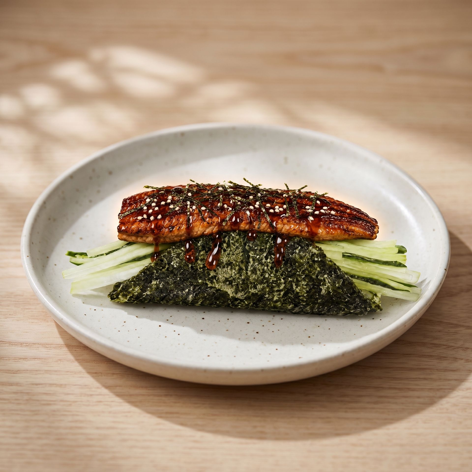 Two seaweed-wrapped sushi rolls on a white plate with cucumber slices and sesame seeds