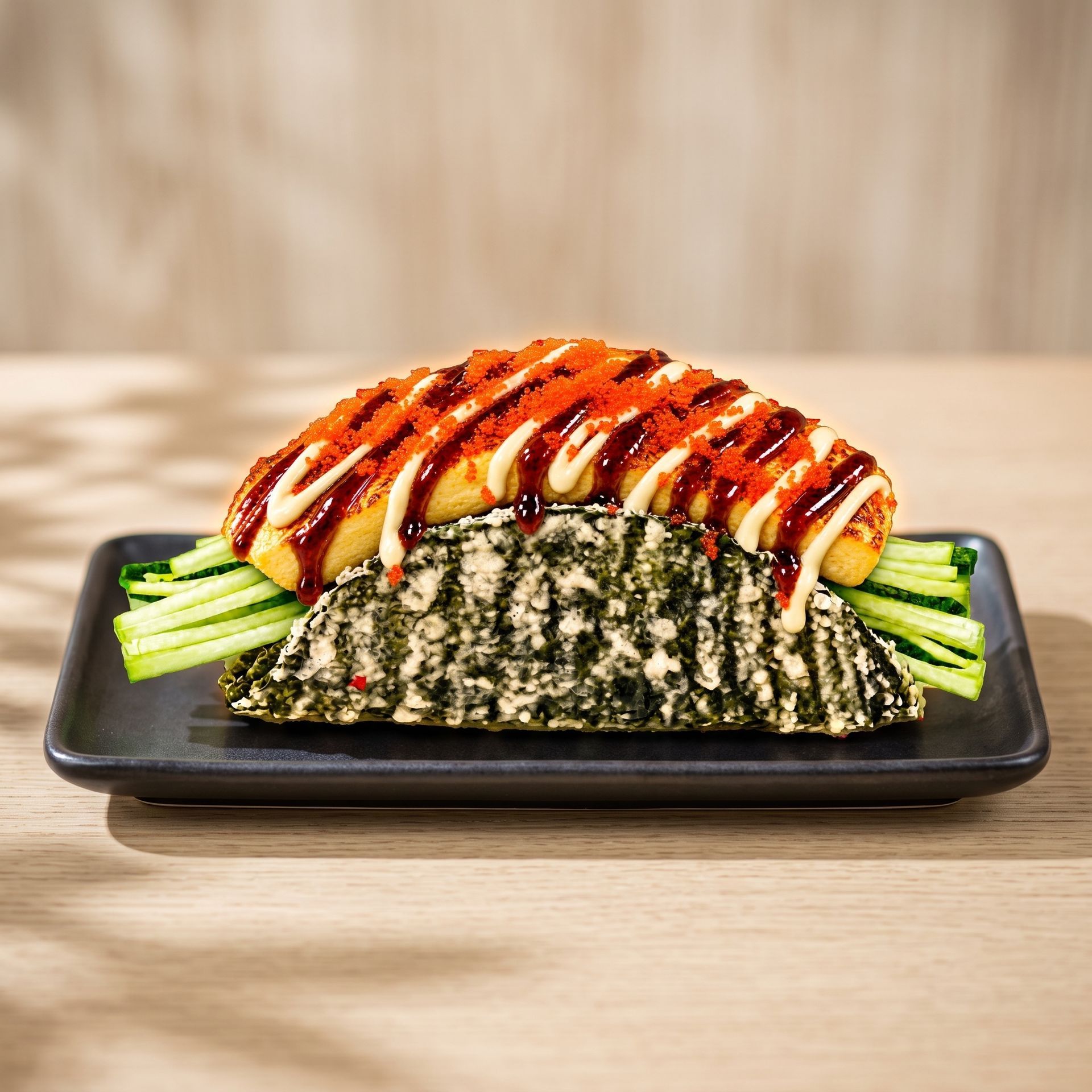 Black tray of grilled chicken over rice with cucumber sticks and green seaweed wrap on a wooden table